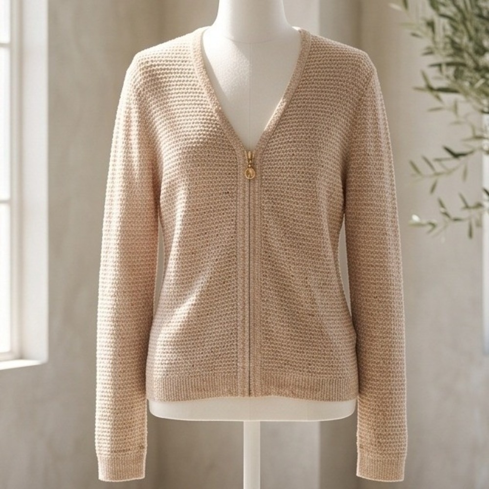St‎ John Sport Marie Gray S Wool Blend Knit Zip Cardigan Multicolor Speckle